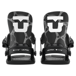 Pair of black women's snowboard bindings, front view with high-backs and straps.