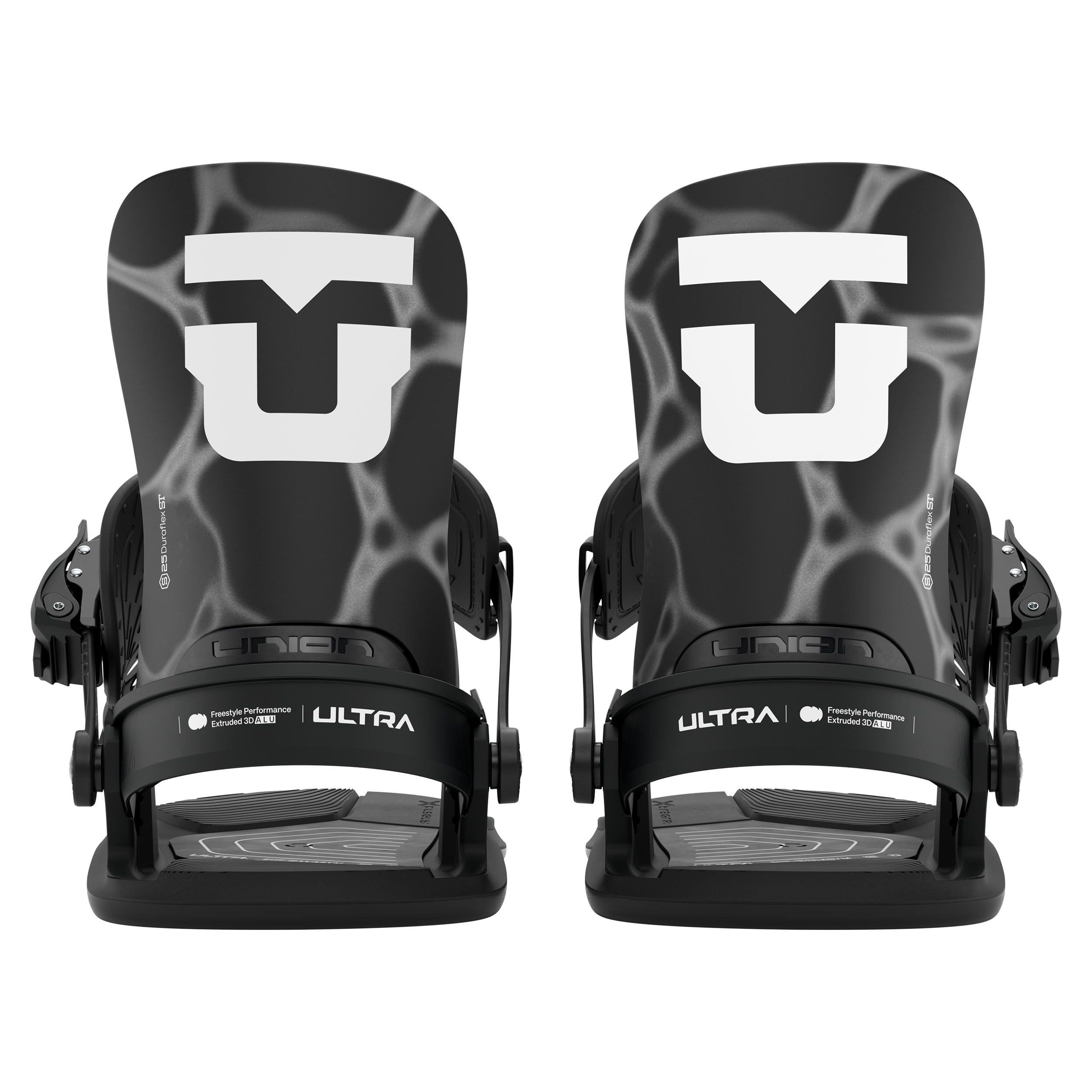 Pair of black women's snowboard bindings, front view with high-backs and straps.