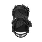 Black women's snowboard binding, angled view showing high-back and traction base.