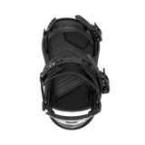 Black women's snowboard binding, angled view showing high-back and traction base.