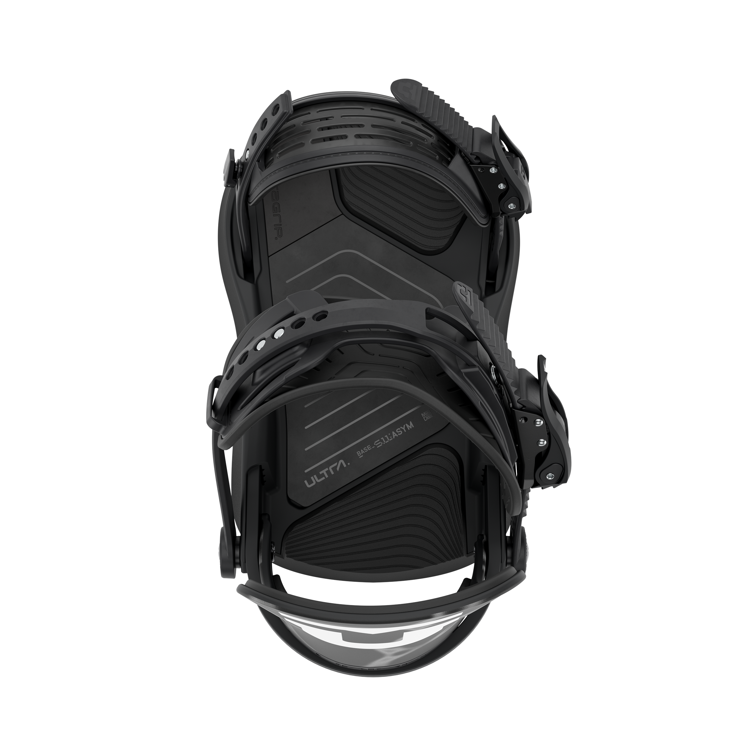 Black women's snowboard binding, angled view showing high-back and traction base.