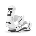 White women's snowboard binding, side view with high-back and heel strap.