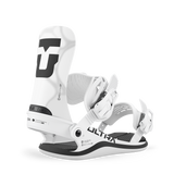 White women's snowboard binding, side view with high-back and heel strap.