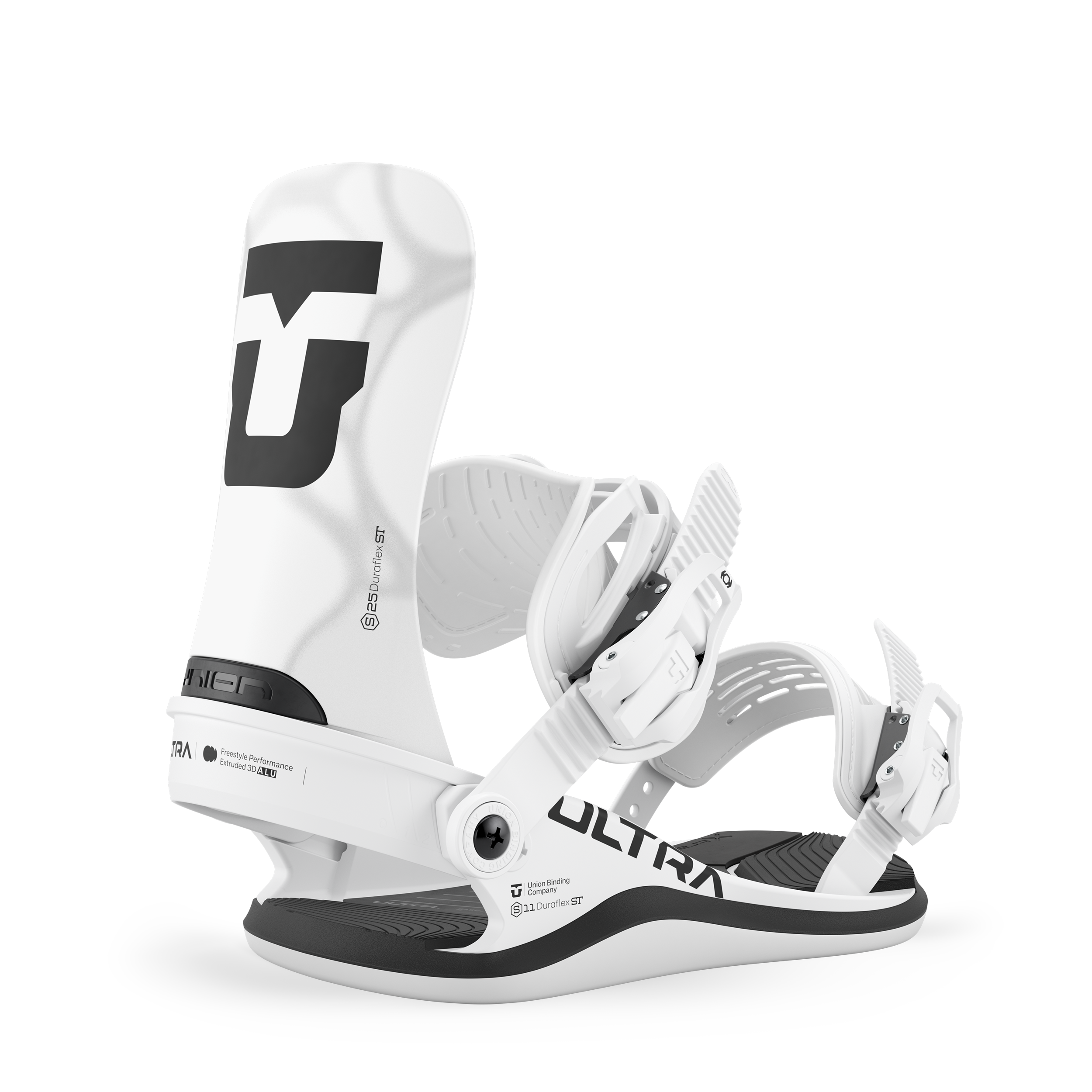 White women's snowboard binding, side view with high-back and heel strap.