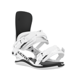 White women's snowboard binding, side three-quarter view with high-back and bindings.