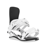 White women's snowboard binding, side three-quarter view with high-back and bindings.