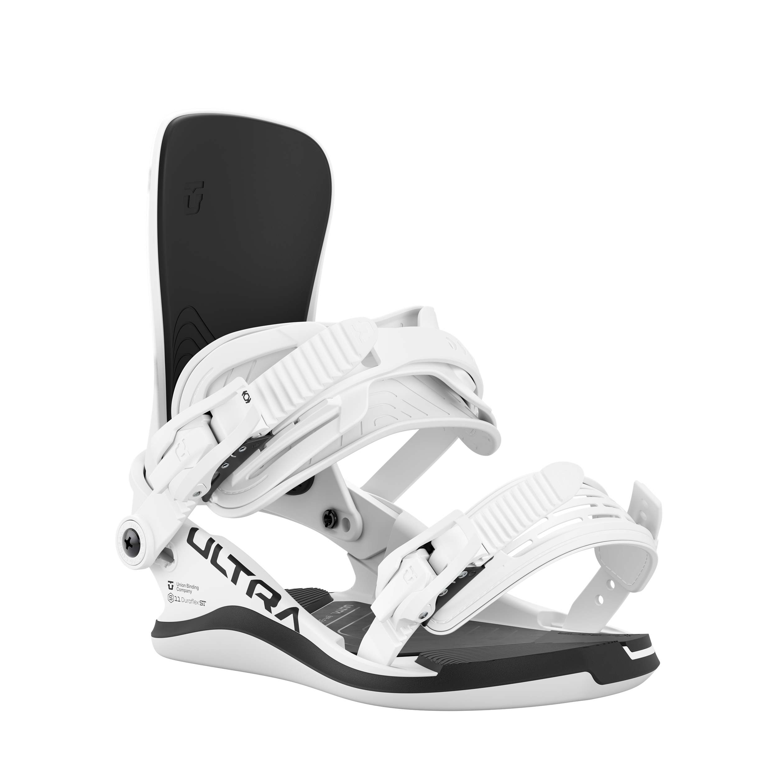 White women's snowboard binding, side three-quarter view with high-back and bindings.