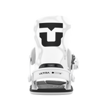 White women's snowboard binding with high-back and front strap, rear view.