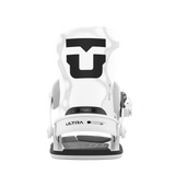 White women's snowboard binding with high-back and front strap, rear view.