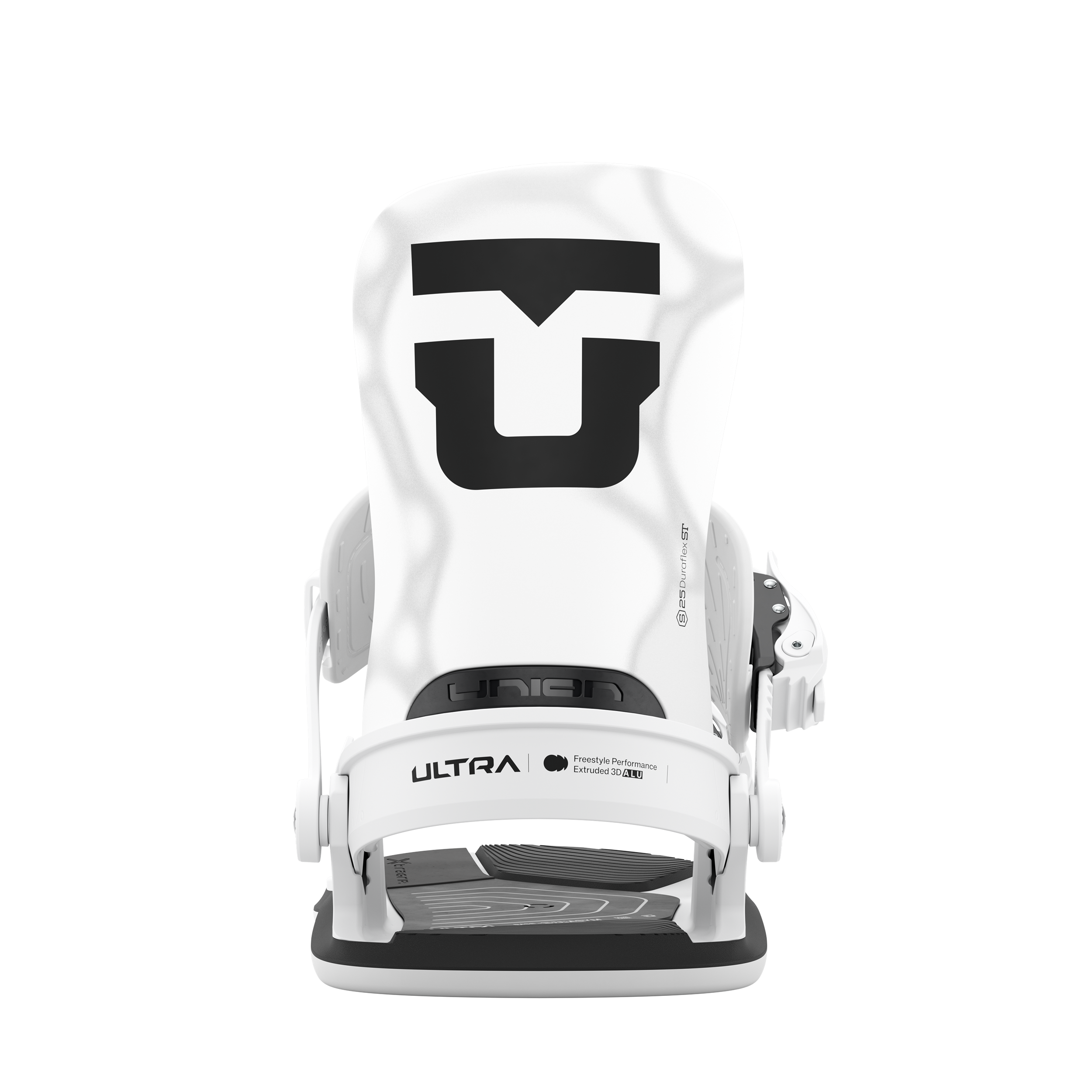 White women's snowboard binding with high-back and front strap, rear view.