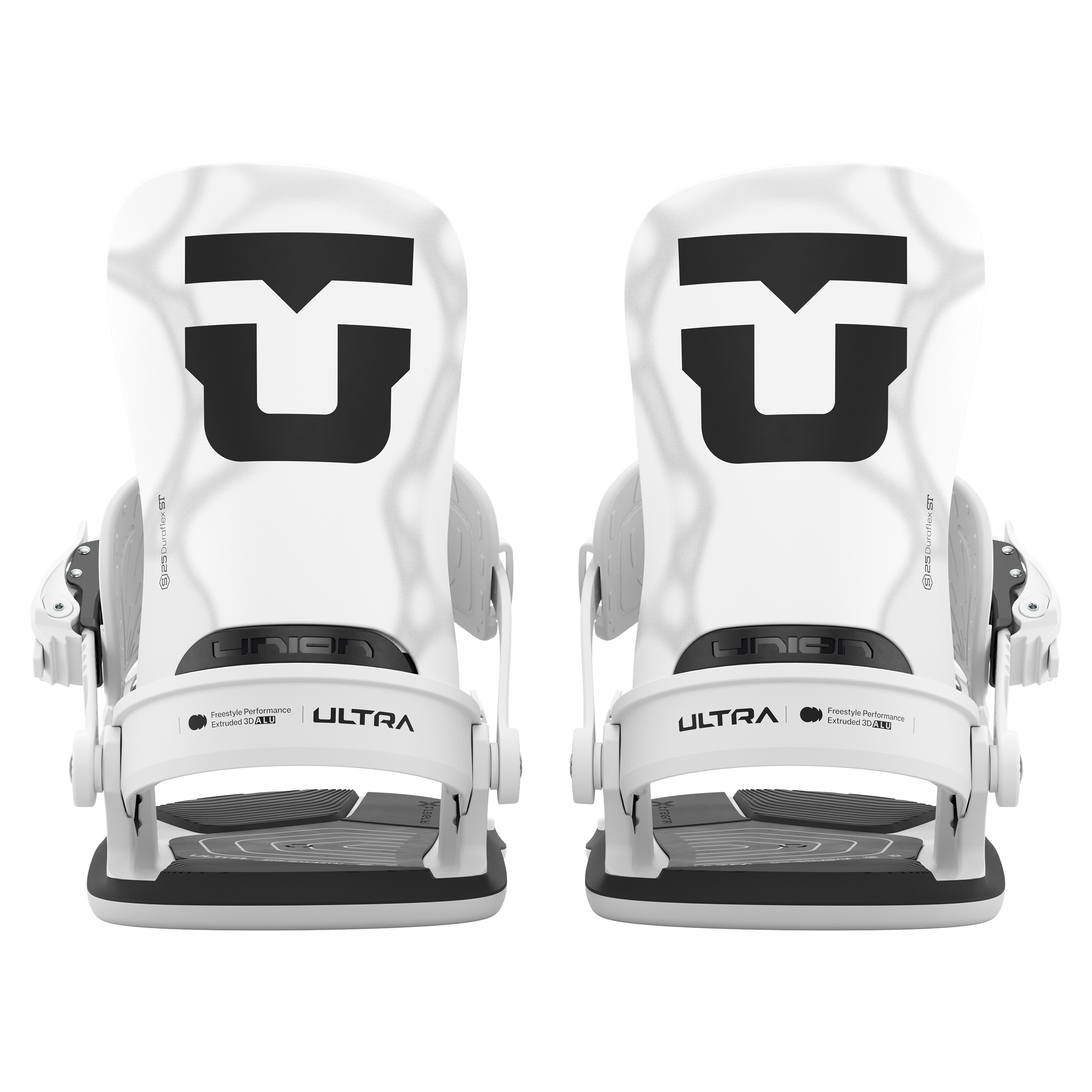 Pair of white women's snowboard bindings, front view with high-backs and straps.