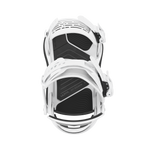 White women's snowboard binding, angled view showing high-back and foot platform.
