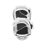 White women's snowboard binding, angled view showing high-back and foot platform.