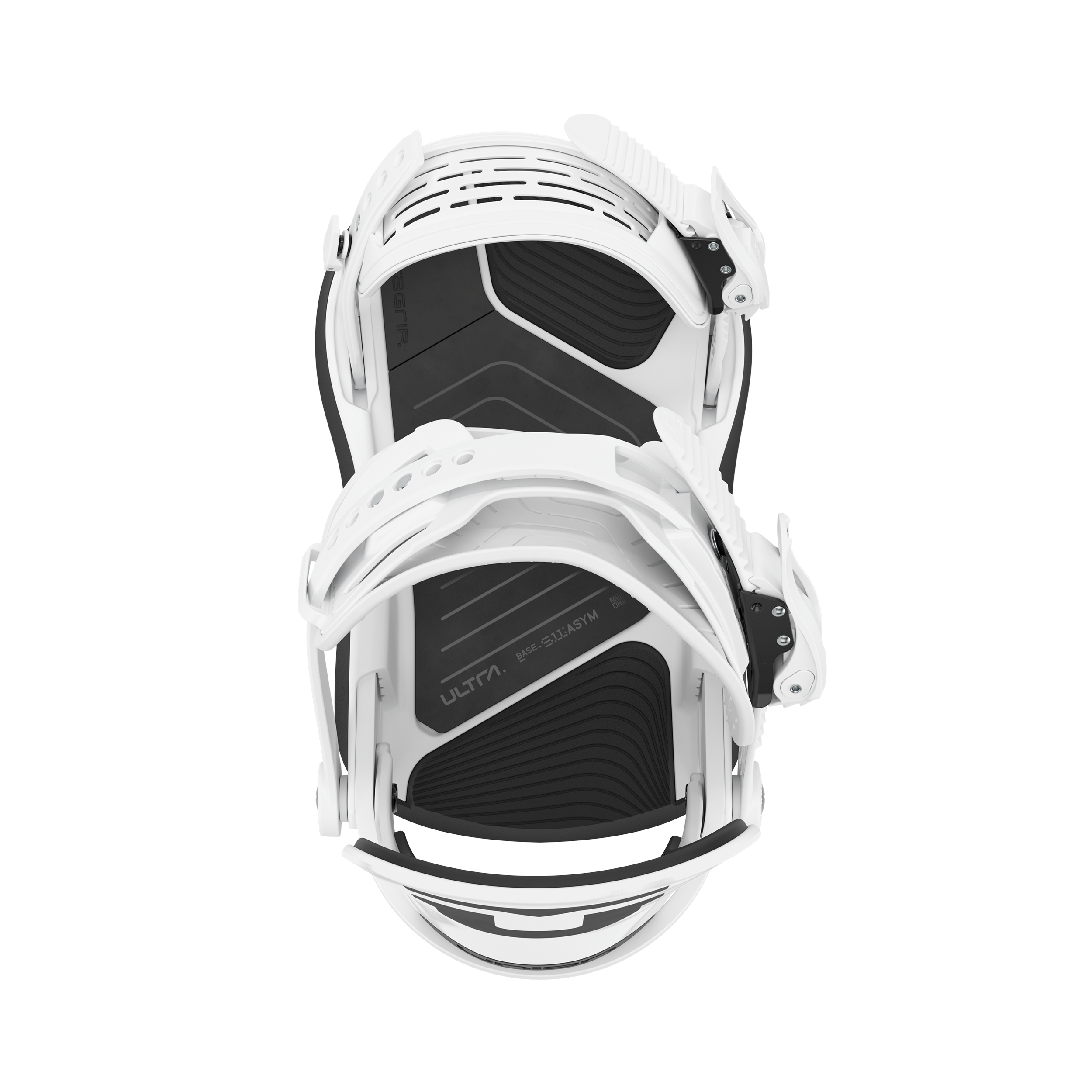 White women's snowboard binding, angled view showing high-back and foot platform.