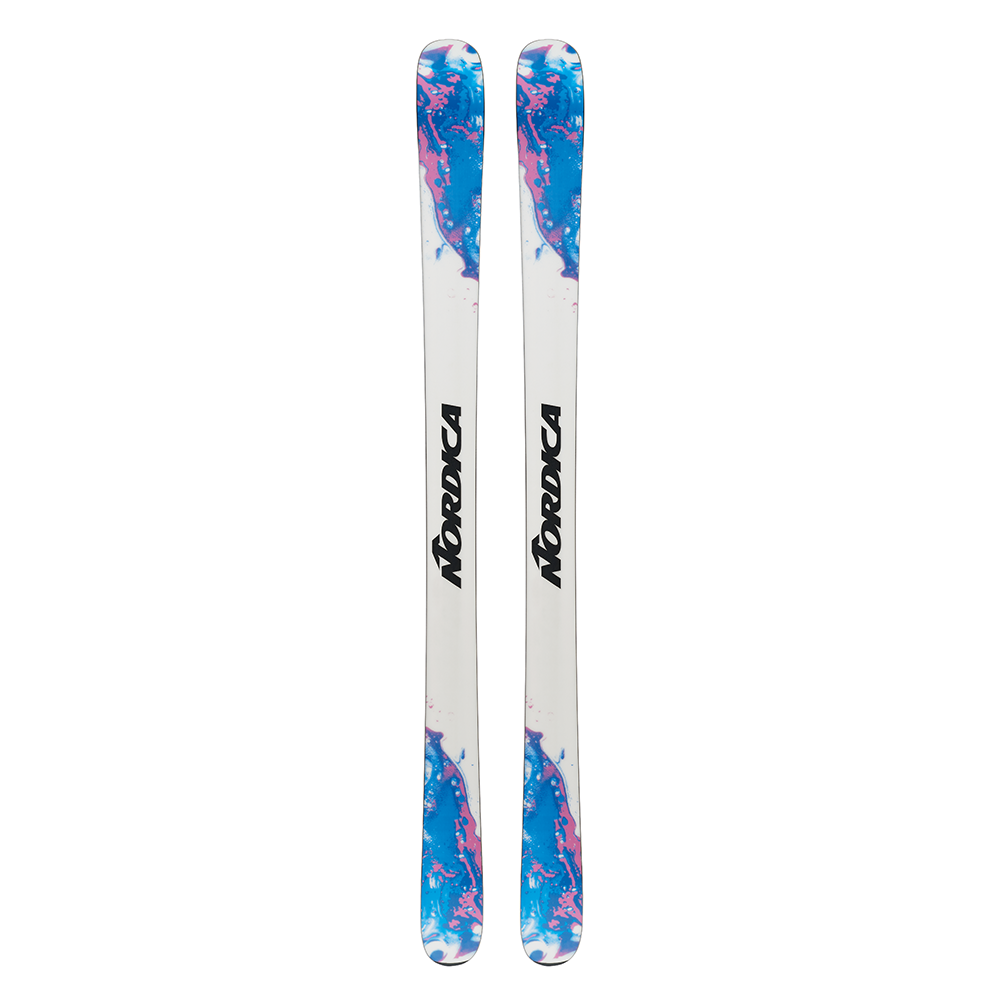 Nordica Unleashed 98 Skis 2026 - White skis with blue and pink abstract design on top and bottom edges.