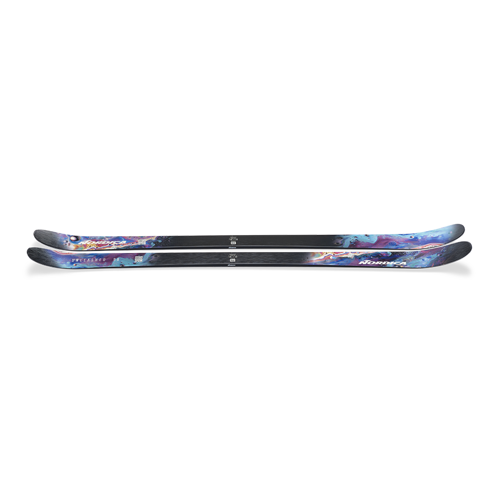 Nordica Unleashed 98 Skis 2026 - A pair of skis with a blue and purple marbled pattern on the top sheet, featuring white lettering that reads "Unleashed" and "98".