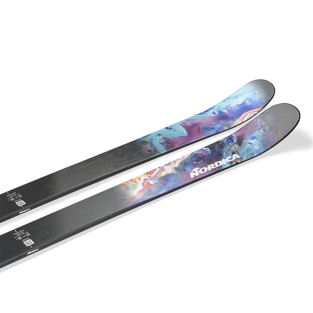 Nordica Unleashed 98 Skis 2026 - A pair of skis with a black base and blue, purple, and pink marbled pattern on top.