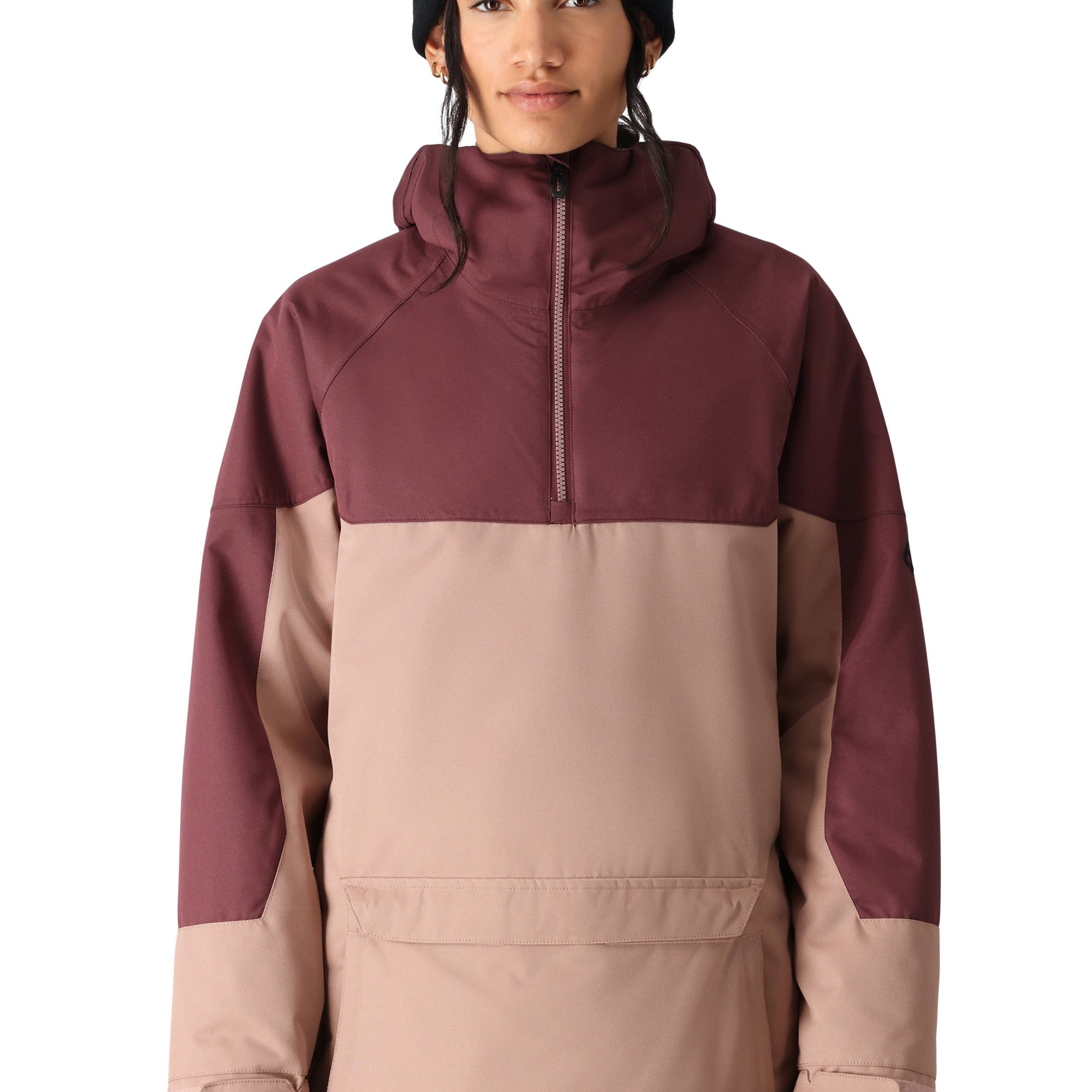 The 686 Women's Upton Insulated Anorak Jacket 2025 is shown from the front view in a color block design with maroon and tan sections.