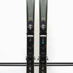 USED - Rossignol Arcade 84 with SPX 12 Demo Bindings - A pair of skis with a gray base and black tops, featuring the Rossignol logo on the top of each ski.