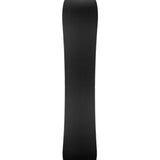 Black snowboard with small white logo at the tip