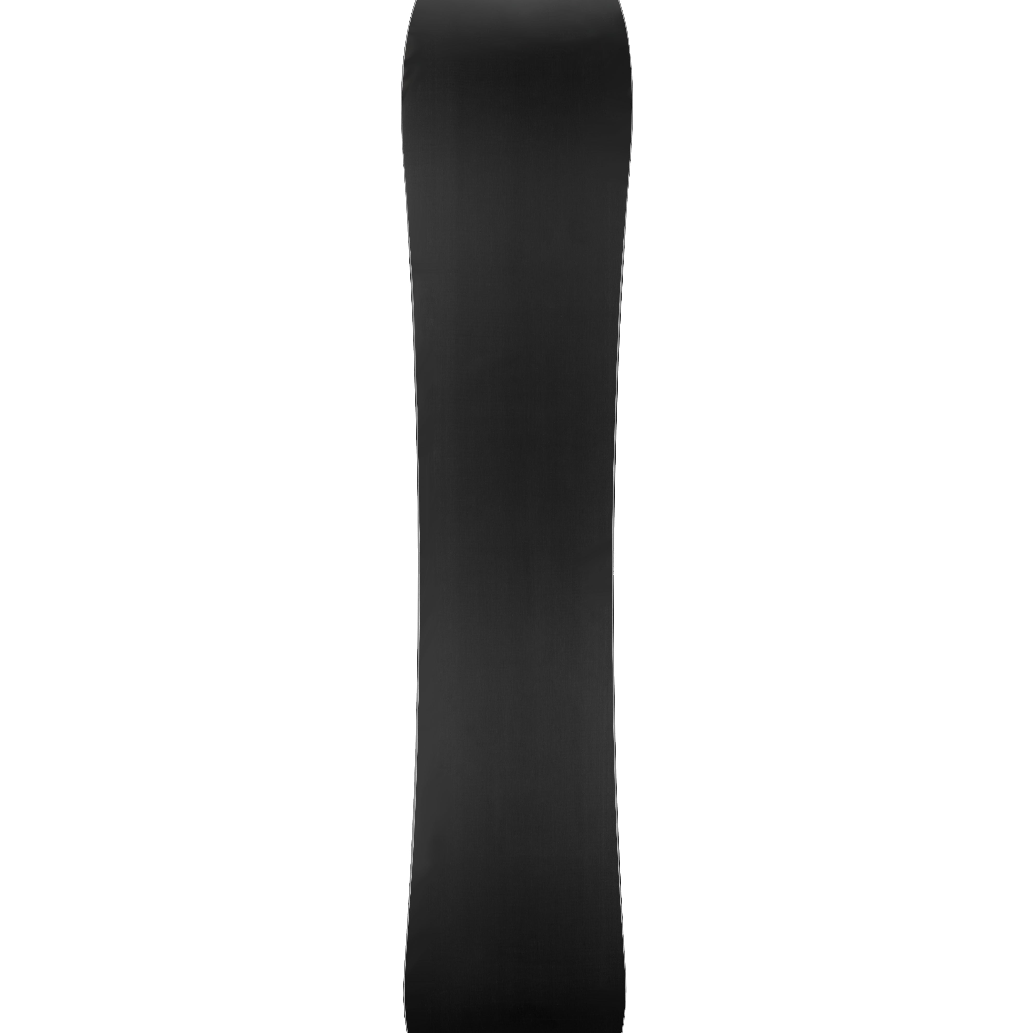 Black snowboard with small white logo at the tip