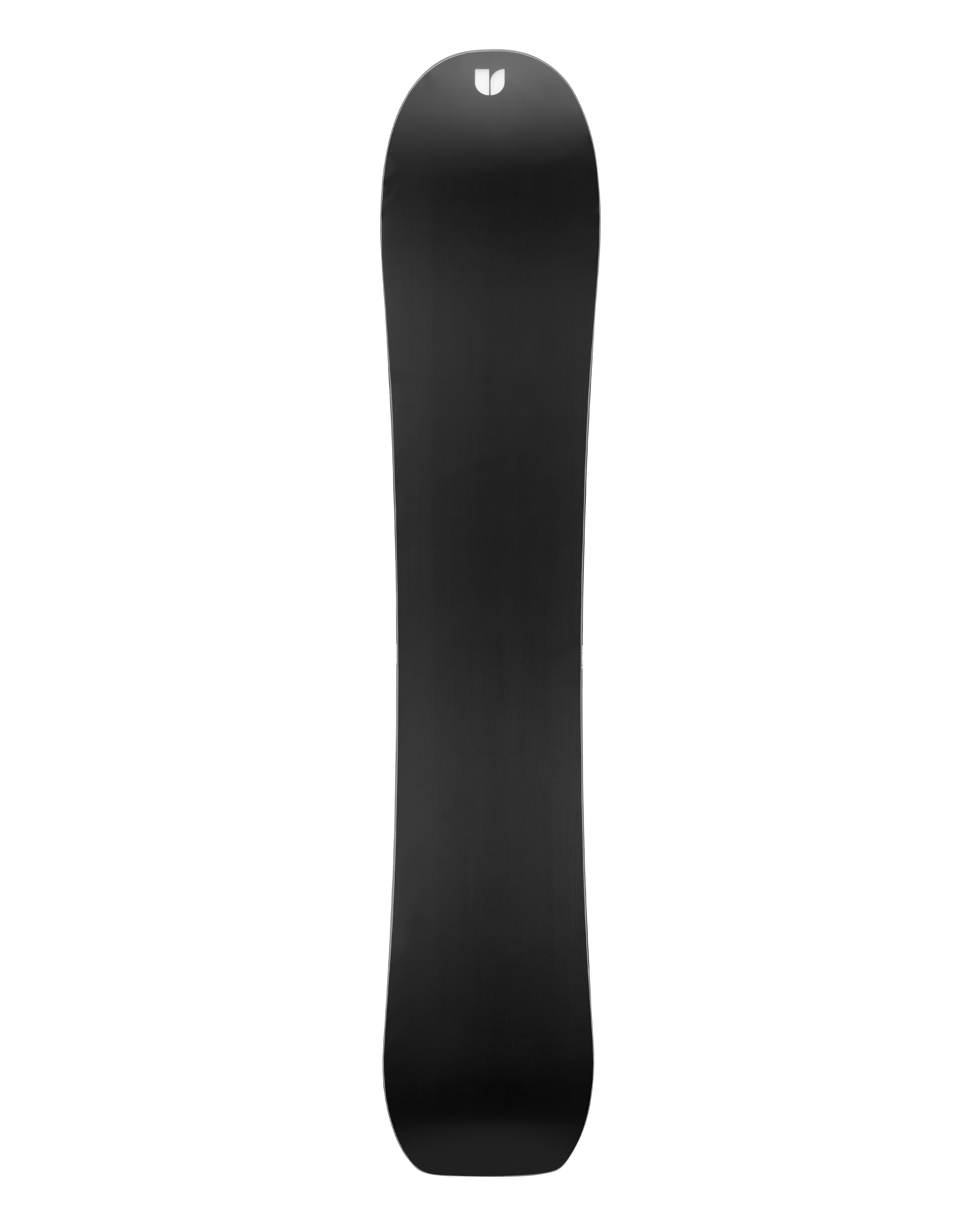 Black snowboard with small white logo at the tip