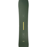 Olive green snowboard with printed markings and yellow vertical stripe