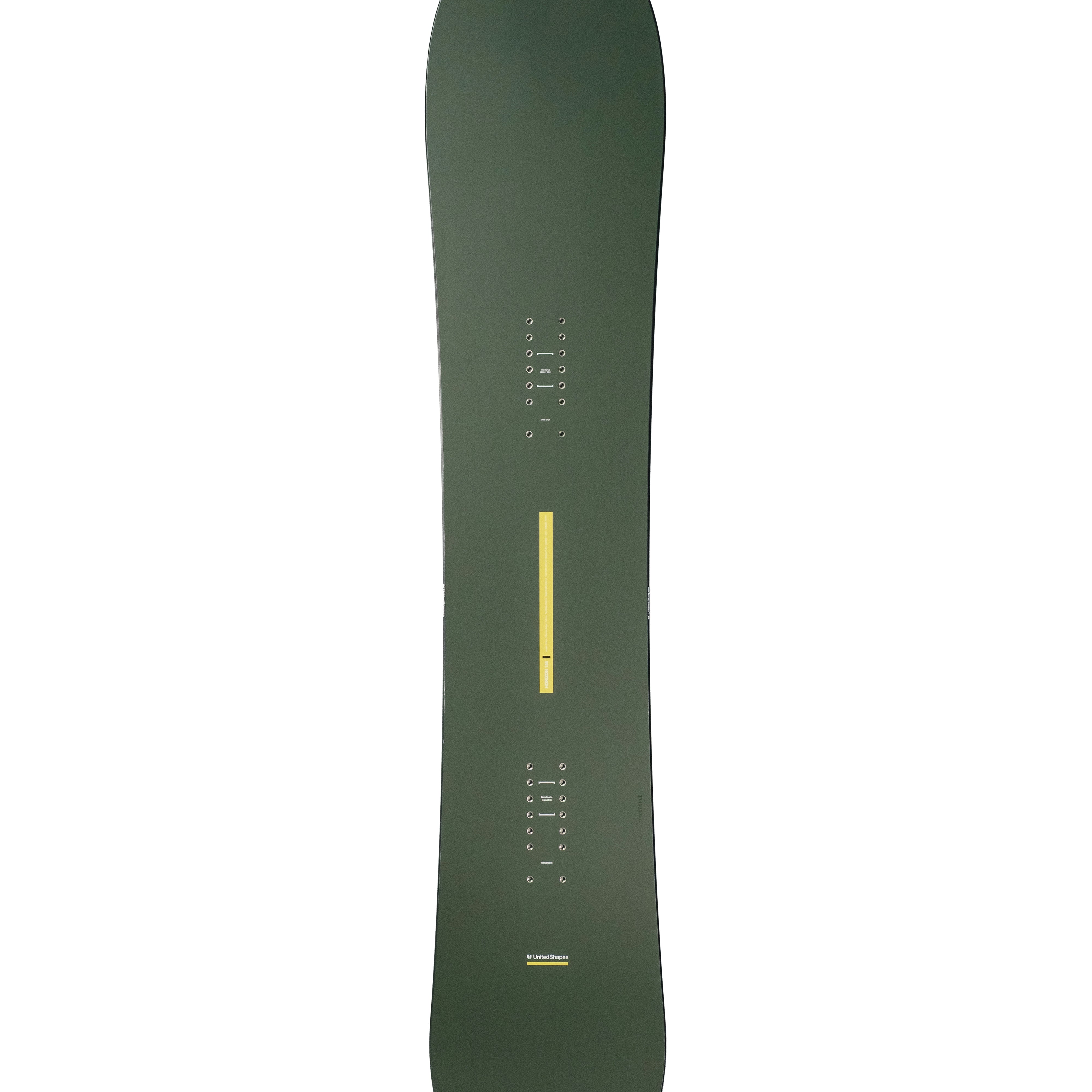 Olive green snowboard with printed markings and yellow vertical stripe