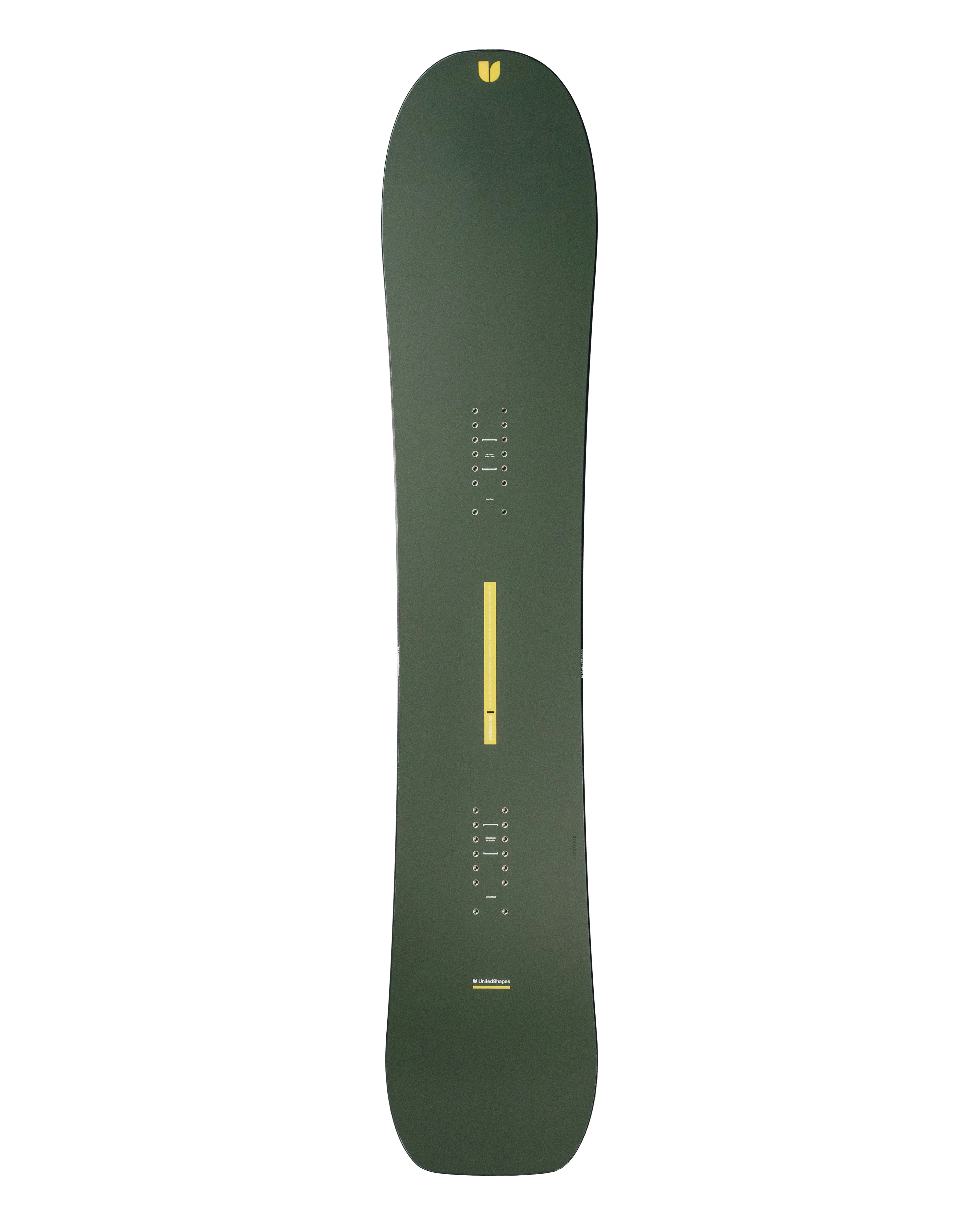 Olive green snowboard with printed markings and yellow vertical stripe