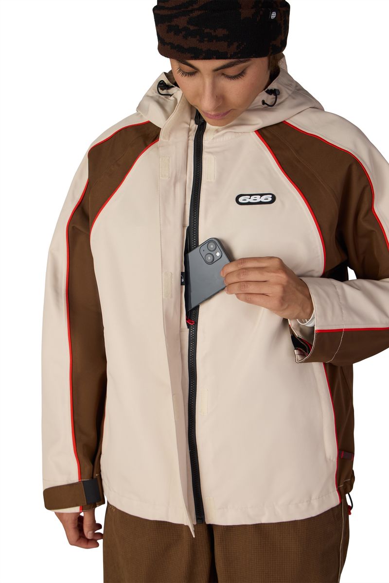 Hooded shell jacket with front zipper and red-trim side stripes