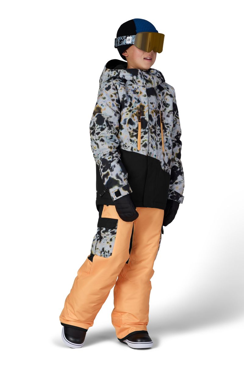 Boys' animal-print insulated jacket with hood, zip front and black side panels