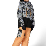 Boys' animal-print insulated jacket with hood, zip front and black side panels