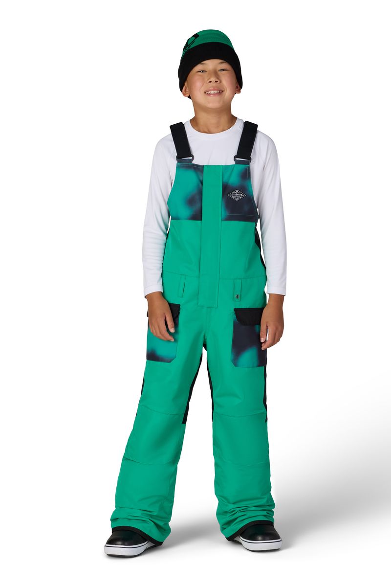 Boys' deep green insulated bib overalls with front chest pockets and straps