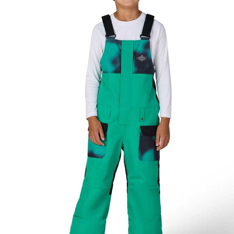 Boys' deep green insulated bib overalls with front chest pockets and straps