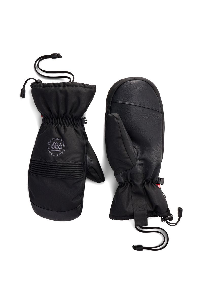 686 Lander mitts in black, insulated winter gloves with drawstring cuffs and wrist strap