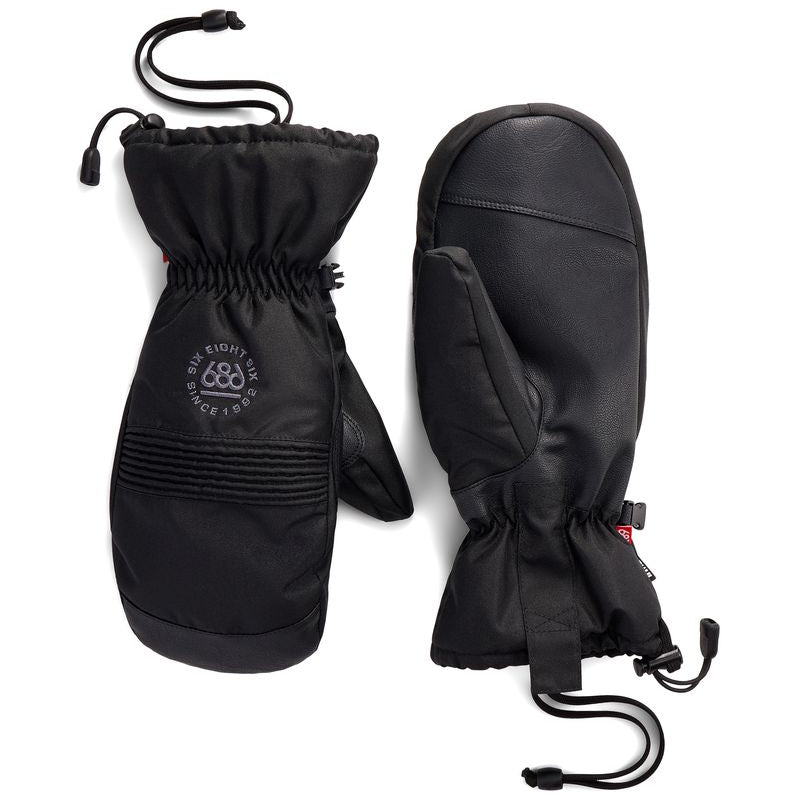 686 Lander mitts in black, insulated winter gloves with drawstring cuffs and wrist strap