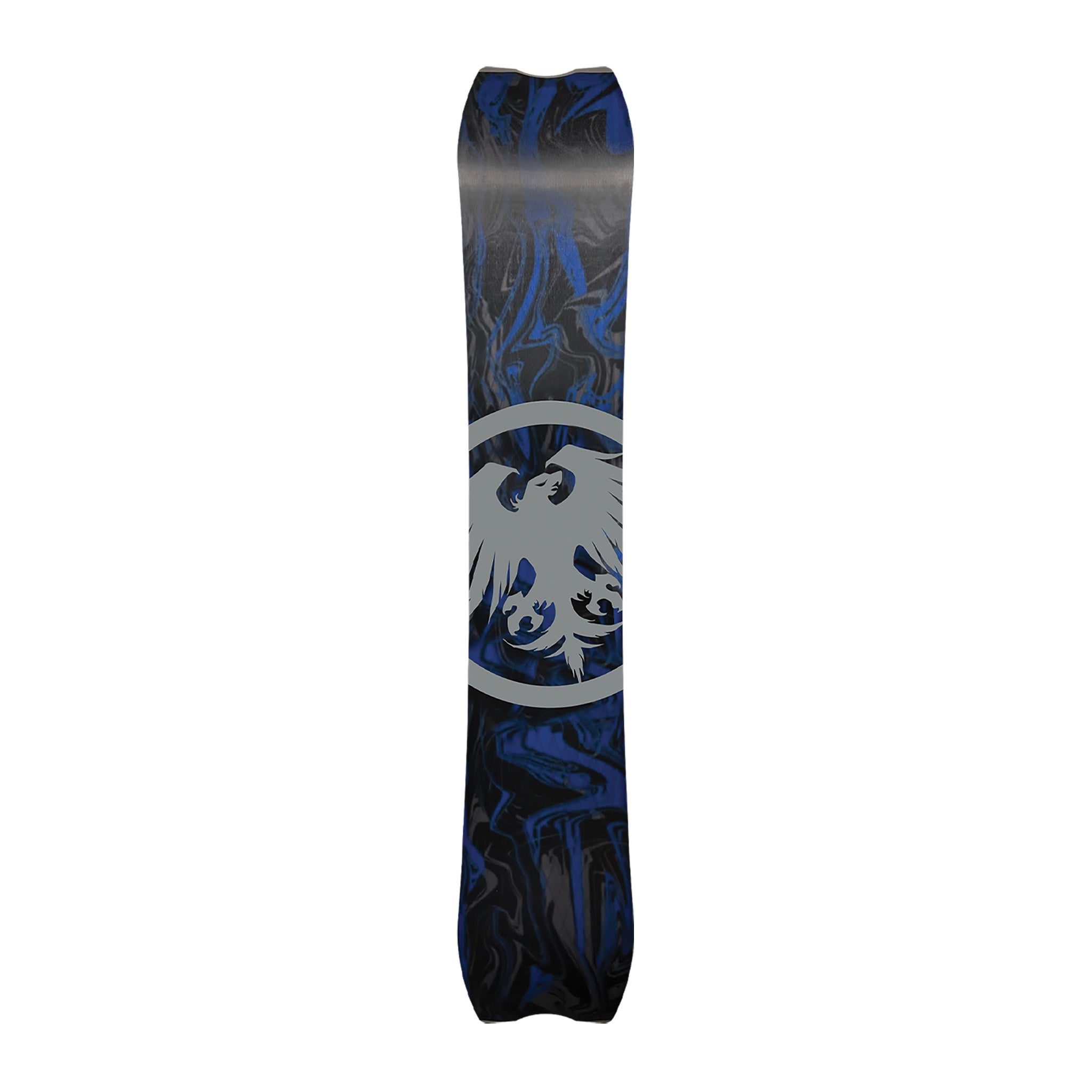 Never Summer V-Twin Snowboard 2025 - A blue snowboard with a black marbled pattern and a gray logo featuring an eagle in flight.