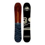 Arbor Women's Veda Camber Snowboard 2025 - A dark brown snowboard with a white logo and text on top of a blue background at the bottom.