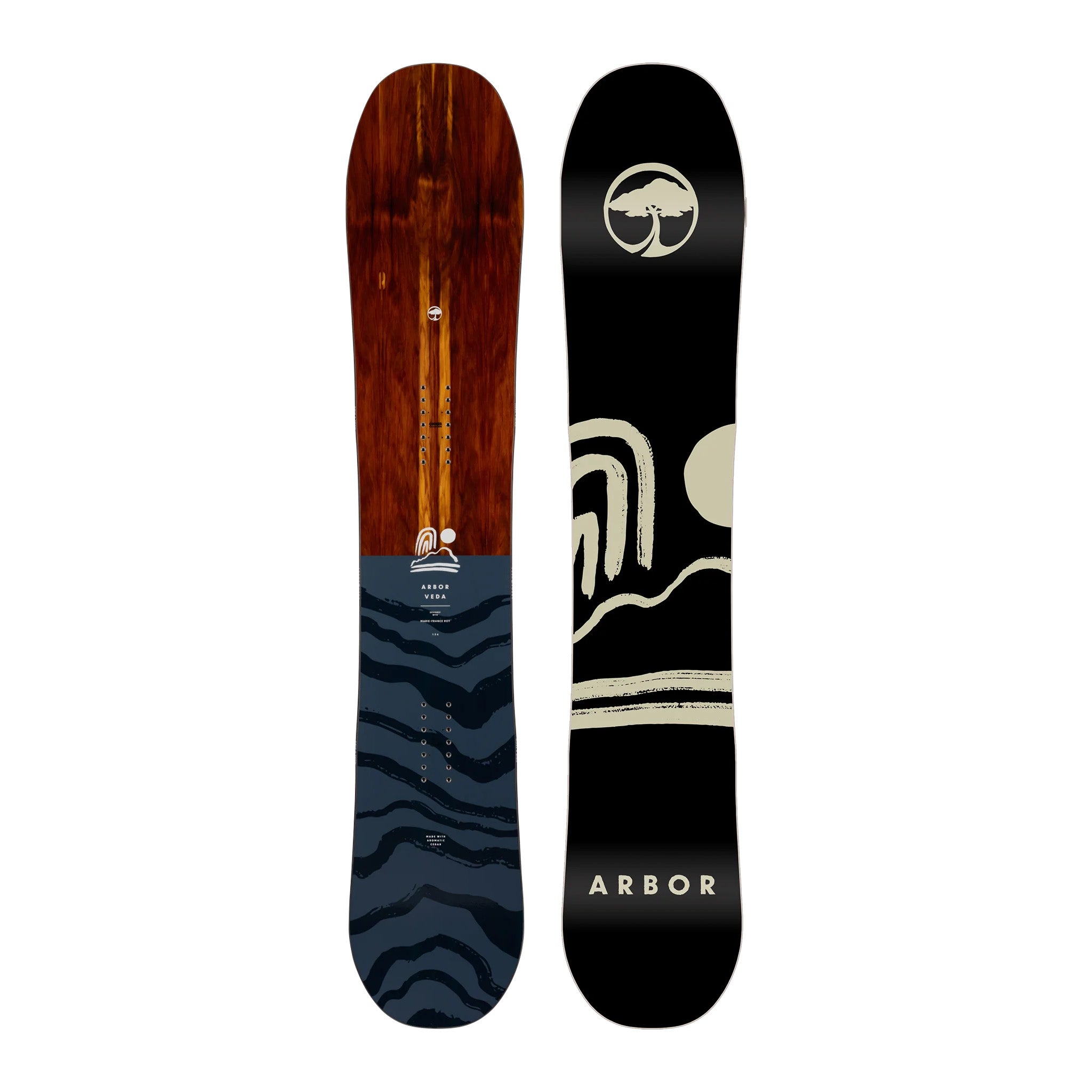 Arbor Women's Veda Camber Snowboard 2025 - A dark brown snowboard with a white logo and text on top of a blue background at the bottom.