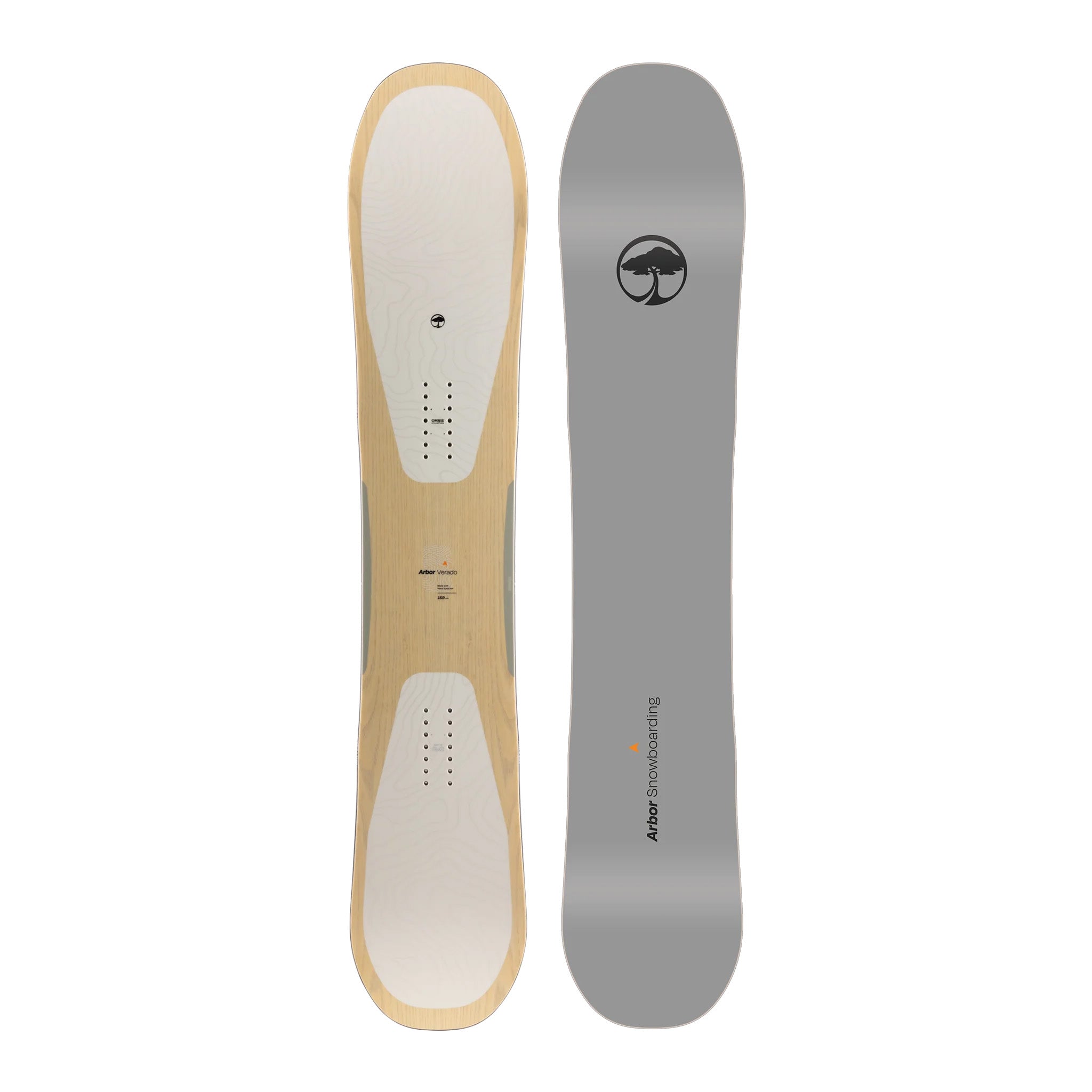 Arbor Verado Rocker Snowboard 2025 - A light-colored wood grain snowboard with a black logo featuring an arched tree in a circle at its top center.
