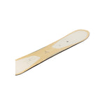 Arbor Verado Rocker Snowboard 2025 - A light-colored snowboard with a subtle wood grain texture and a distinctive rockered shape, featuring three small black dots on its top surface.