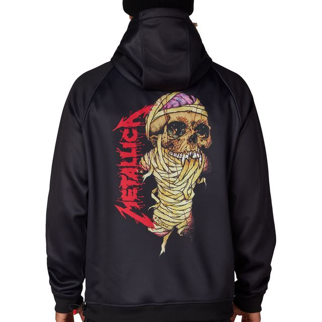 Black hooded sweatshirt with large red skull face graphic on back and kangaroo pocket