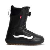 Black snowboard boots with side zipper and buckle, white stripe, lace-up collar