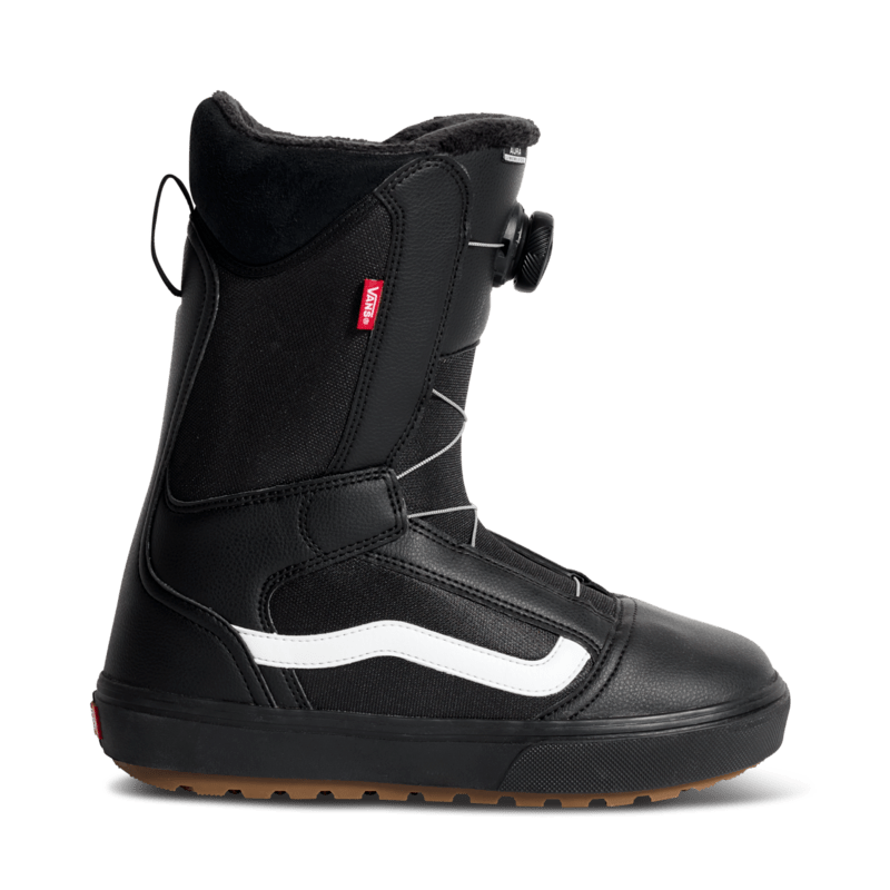 Black snowboard boots with side zipper and buckle, white stripe, lace-up collar