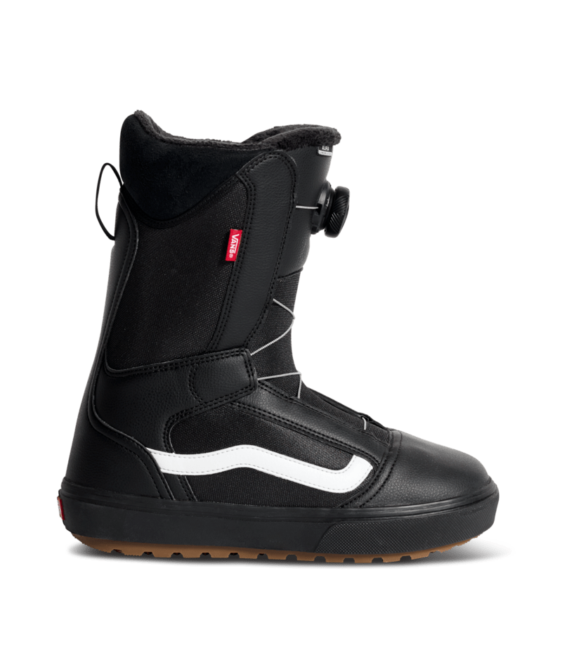 Black snowboard boots with side zipper and buckle, white stripe, lace-up collar