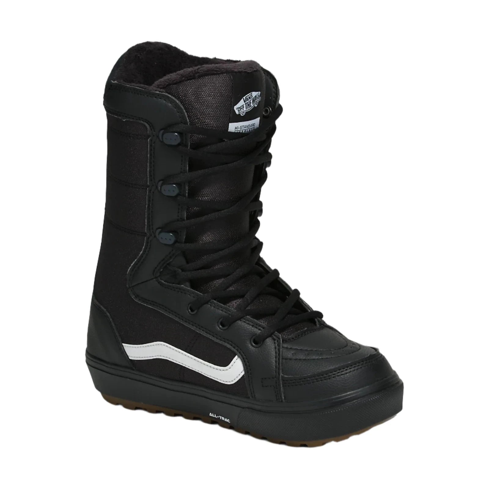Vans Hi-Standard Linerless Snowboard Boot 2025 - Black snowboard boot with white logo on side and black laces.