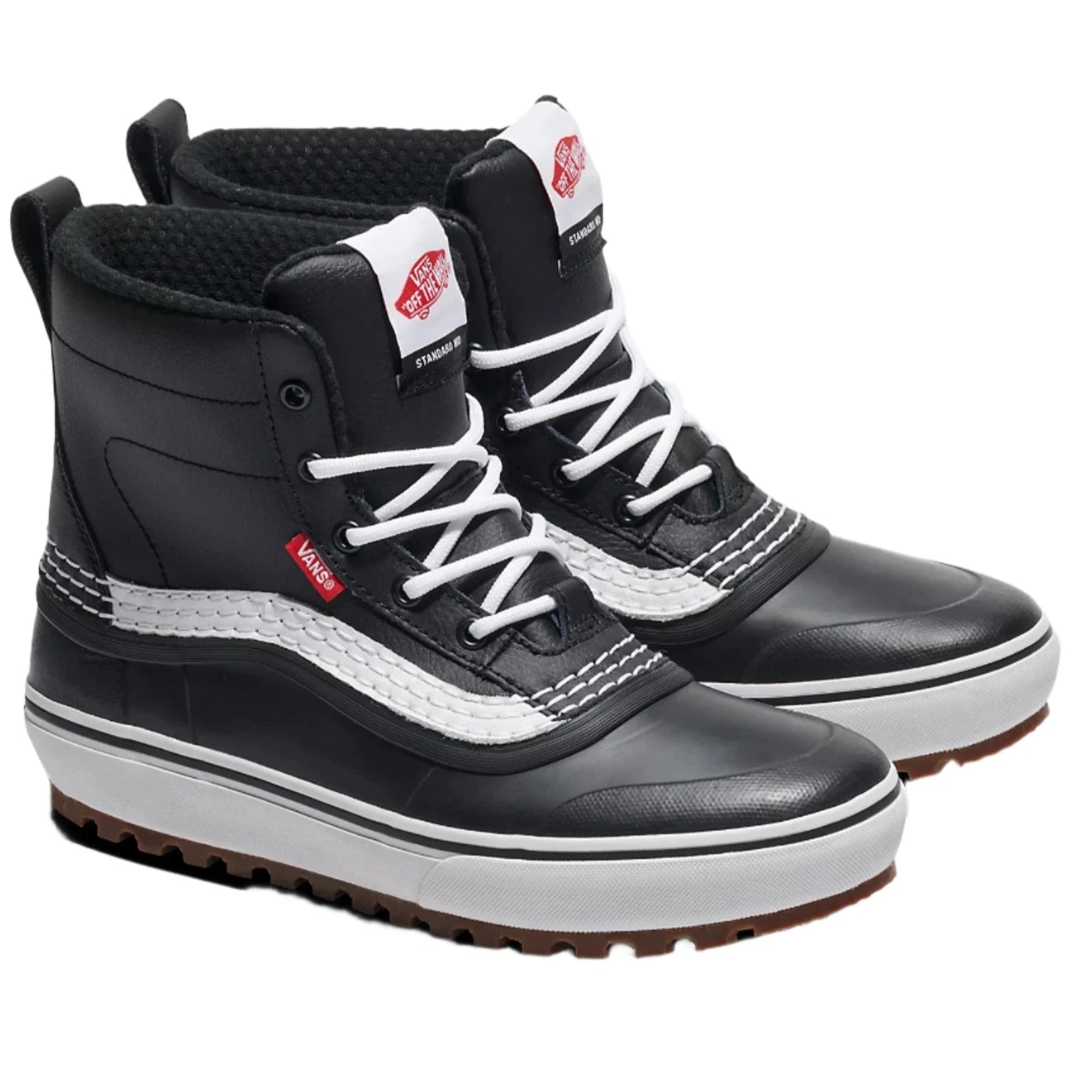 Vans MTE Standard Mid Waterproof Boot 2025 - Black waterproof boots with white laces and a red logo on the tongue.