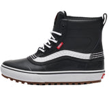 Vans MTE Standard Mid Waterproof Boot 2025 - Black waterproof boots with white wavy stripe on side and red "VANS" logo tag.