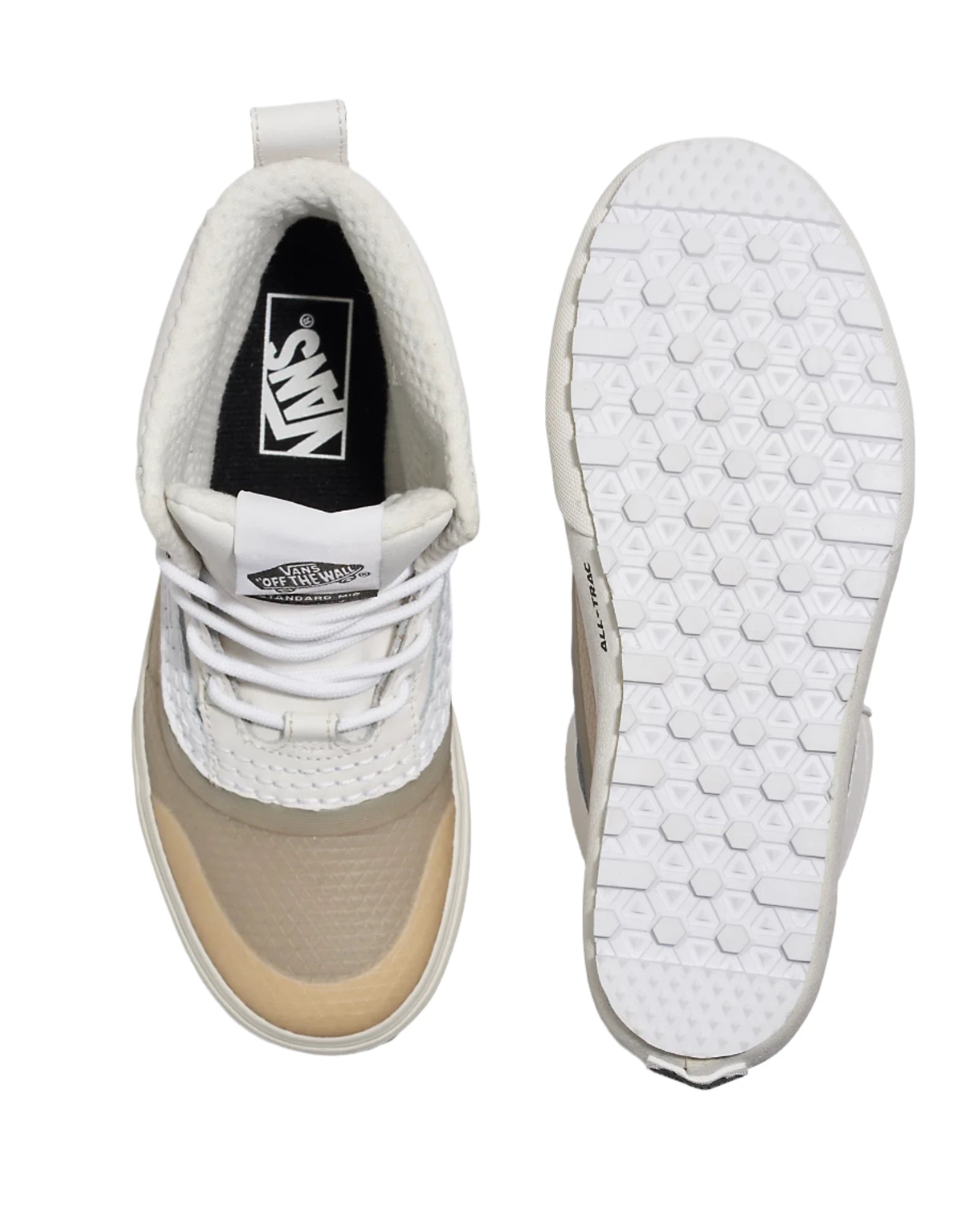 Vans MTE Standard Mid Waterproof Boot 2025 - A pair of tan and white boots with a textured upper, featuring a black insole with "VANS" logo.