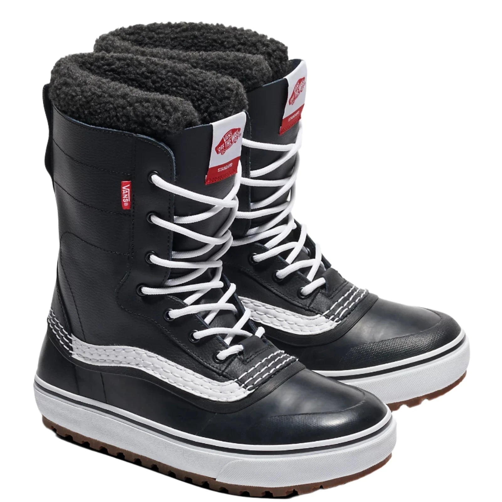 Vans MTE Standard Waterproof Boot 2025 - Black waterproof boots with white laces and a red logo on the side.